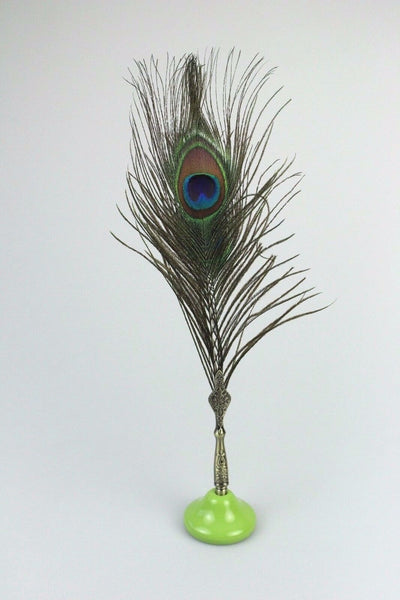 Peacock Quill Feather Ballpoint Pen Set With Ceramic Pen Stand