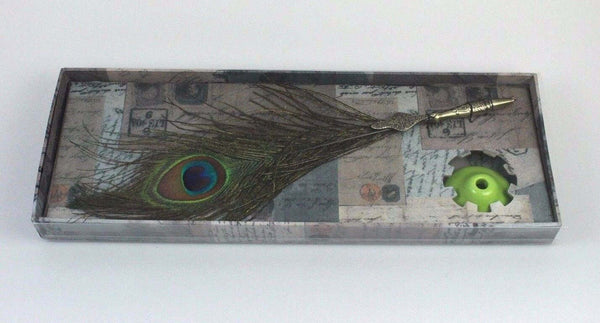 Peacock Quill Feather Ballpoint Pen Set With Ceramic Pen Stand
