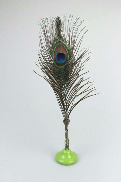 Peacock Quill Feather Ballpoint Pen Set With Ceramic Pen Stand