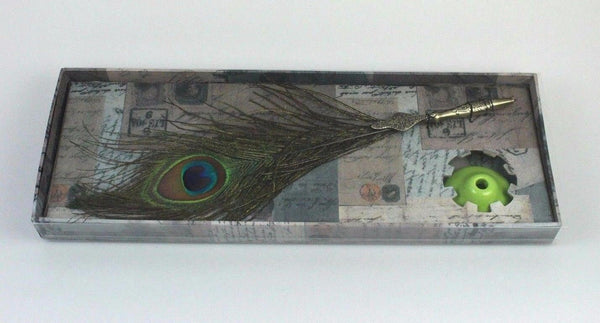 Peacock Quill Feather Ballpoint Pen Set With Ceramic Pen Stand