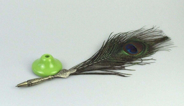 Peacock Quill Feather Ballpoint Pen Set With Ceramic Pen Stand